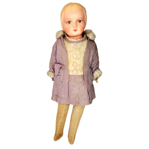 Vintage 40s‎ Fabric body Blonde Short Modeled Hair Composition Head Doll - Picture 1 of 8